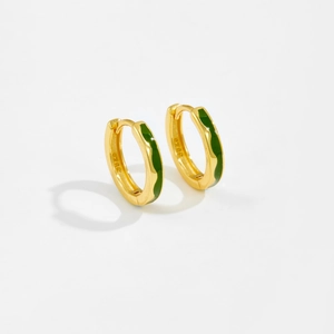 Polished S925 sterling silver hoop earrings with green enamel wavy pattern and gold plating