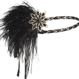 1920s vintage feather headband with black rhinestone flower for Gatsby party events