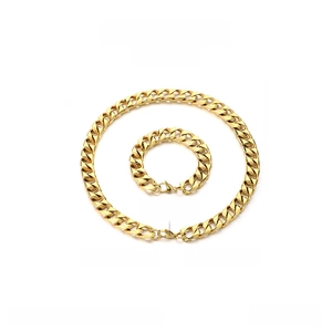 Polished gold stainless steel Cuban link set showing necklace and bracelet dimensions