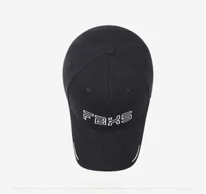 Detailed top view of a black baseball cap with white FBXS embroidery and curved brim lines