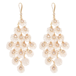 Elegant white shell fringe earrings with gold hooks and sparkling zircon accents