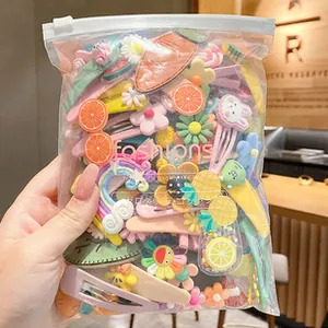 Detail showing a colorful set of cartoon hair clips and ties in a clear zipper bag