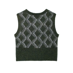 Débardeur en tricot pour femme col en V avec motif à losanges vert foncé et gris