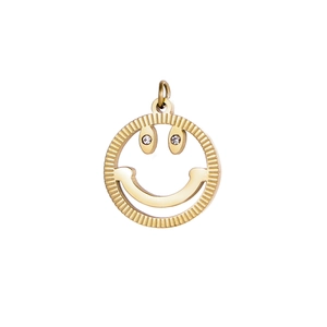 Detailed view of hollow gold smiley face pendant with sunburst texture and tiny diamonds
