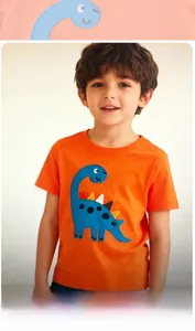 Detailed blue dinosaur embroidery on vibrant orange short-sleeved cotton T-shirt for boys