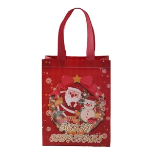 Red Christmas non-woven gift bag with cartoon Santa and snowman prints for holiday shopping