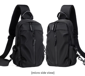 Dual view of black waterproof nylon sling bag showing spacious main compartment and side pockets