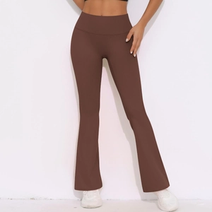 Detail of high-waist yoga pants in coffee brown featuring wide waistband and flare leg