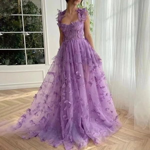 Elegant lavender tulle wedding guest dress with 3D butterfly appliques and slit