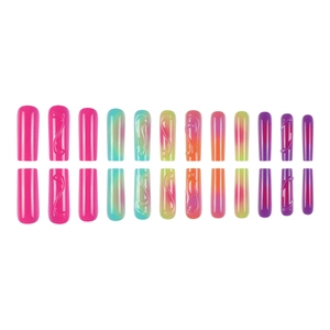 Colorful 3D wave press-on nails set with long square shape and rainbow gradients