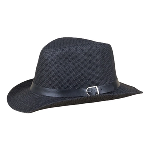 Classic black woven fedora hat with a faux leather band and silver metallic buckle