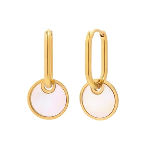 Gold-plated titanium steel earrings featuring white mother of pearl round pendants