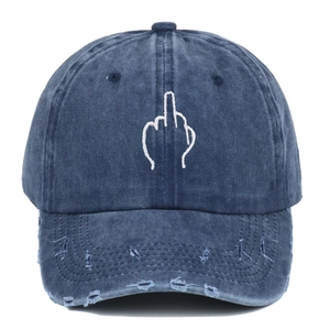 Vintage washed blue denim baseball cap featuring white gesture embroidery and distressed holes