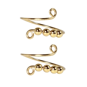 Detail view of two gold fidget rings with four rotating beads on a white background