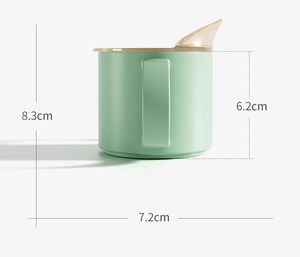 Detail view of the green baby sippy cup showing precise 8.3cm and 7.2cm dimensions