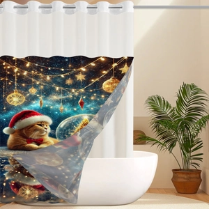 Detail of Christmas shower curtain featuring festive orange cat and warm holiday lights