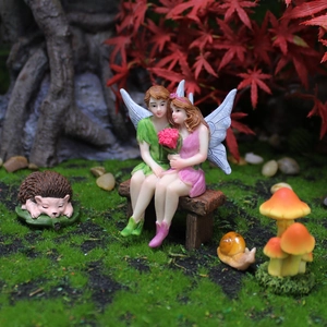 Fairy couple with hedgehog and snail resin garden miniatures for micro landscape decor