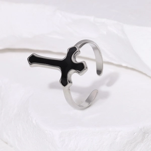 Vintage stainless steel cross ring with black enamel drip design and adjustable open band