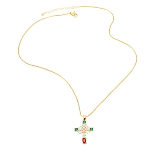 Gold plated cross pendant necklace with colorful cubic zirconia and shell detail