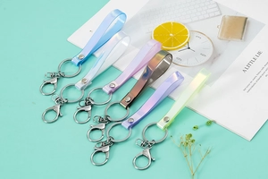 Detailed set of iridescent PVC wristlet lanyards in various colors with metal clasps