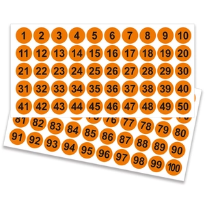 Detail von runden orangefarbenen 1-100 Nummernaufklebern für Inventar und Lager