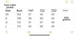 Size chart showing XS to L measurements for a Y2K loose fit bomber jacket in two colors