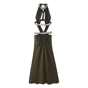 Women Halter Neck Hollow Out Maxi Dress Olive Green Rhinestone Chain Elegant Slim Fit Sexy Sleeveless Banquet Party Dress