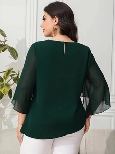Elegant dark green chiffon blouse with petal flare sleeves and open back button detail