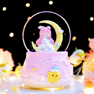 Cartoon Snow Globe Music Box Resin Glass LED Light Up Musical Rotating Automatic Snowfall Dreamy Home Decor Desktop Gift