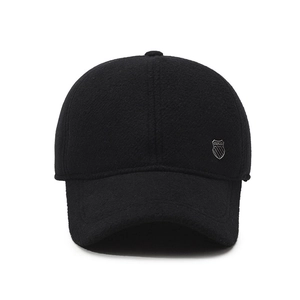 Winter black wool baseball cap for men with protective ear flaps and metal shield emblem
