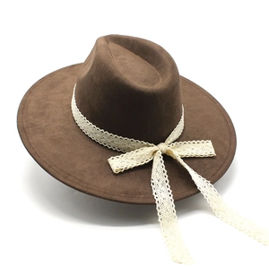 Retro dark brown wide-brim wool felt hat with decorative cream lace bow tie