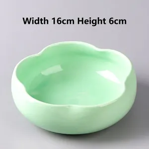 Green ceramic lotus bowl for hydroponic plants with wavy rim, 16cm wide and 6cm high