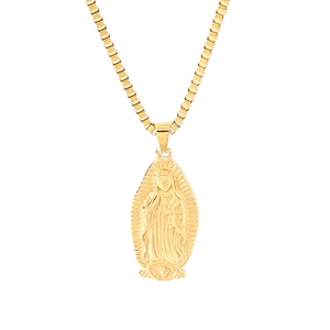 Gold stainless steel box chain necklace with Virgin Mary religious oval pendant