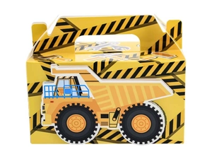 Detail of construction excavator party gift box with bright yellow stripes and handle