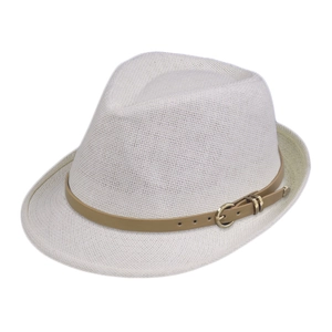 White woven fedora straw hat with brown leather band and gold buckle on plain white background