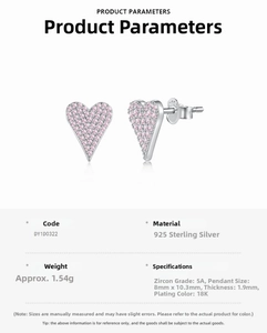 Detailed specs for pink zircon heart studs in S925 sterling silver with 18K plating