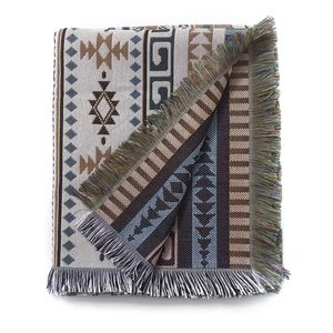 Detailed view of bohemian woven blanket with ethnic patterns and colorful fringe edge