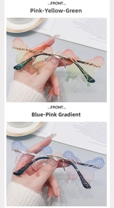 Detail of butterfly shaped rimless sunglasses with gradient lenses and metal frames