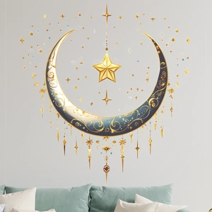 Ornate gold and navy blue crescent moon and star wall decal set for home decor