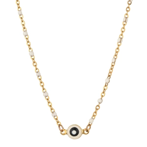 Macro shot of gold evil eye pendant with white beads on delicate stainless steel chain