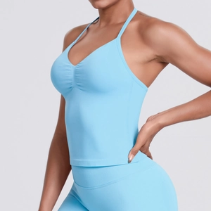 Detail of light blue seamless yoga set with ribbed sports bra and high waist leggings