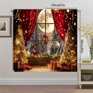 Christmas tapestry showing 130x160cm dimensions with festive trees and velvet curtains