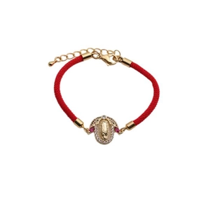 Adjustable red braided rope bracelet with gold Virgin Guadalupe pendant and zircons