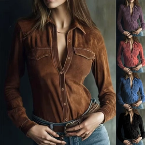 Women's Faux Suede Long Sleeve Shirt Polo Collar Slim Fit Solid Color Casual Button Down Blouse With Chest Pockets