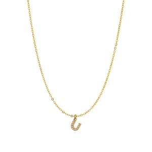 Close-up of gold-plated U-shaped pendant with inlaid zircon crystals on a fine chain