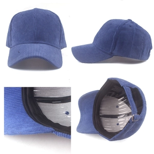 Navy blue corduroy baseball cap with adjustable buckle shown from multiple product angles