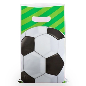Detail view of a white plastic gift bag featuring a large football print and green stripes