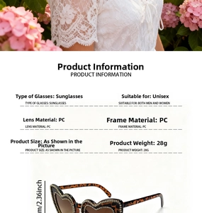 Detailed specs of heart leopard sunglasses with rhinestones and size dimensions
