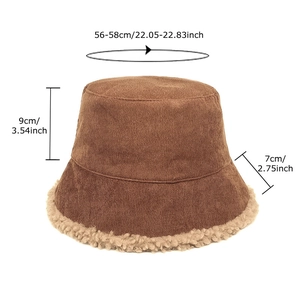 Brown corduroy bucket hat with lamb wool trim and dimensions showing 56-58cm head size