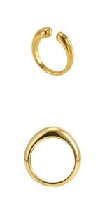 Macro detail of high-polish gold minimalist adjustable open rings with geometric curves